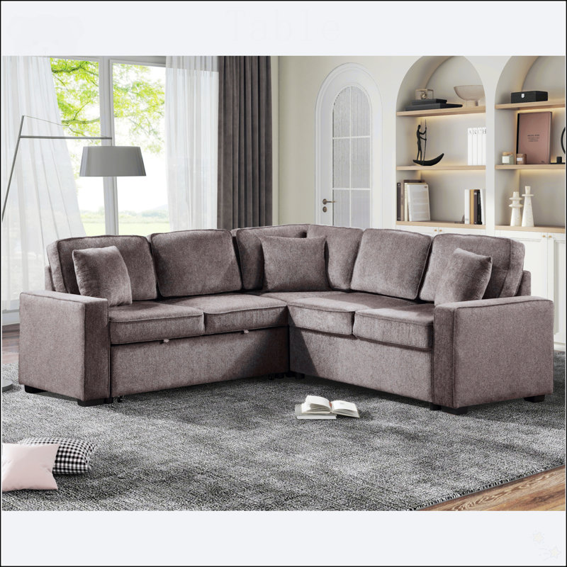 Modular Sofa Sectional Couch L Shaped Sofa Couch With Pullout Sleeper 5 Seat Chenille Corner Sofa For Living Room 3 Pillows Included Light Brown